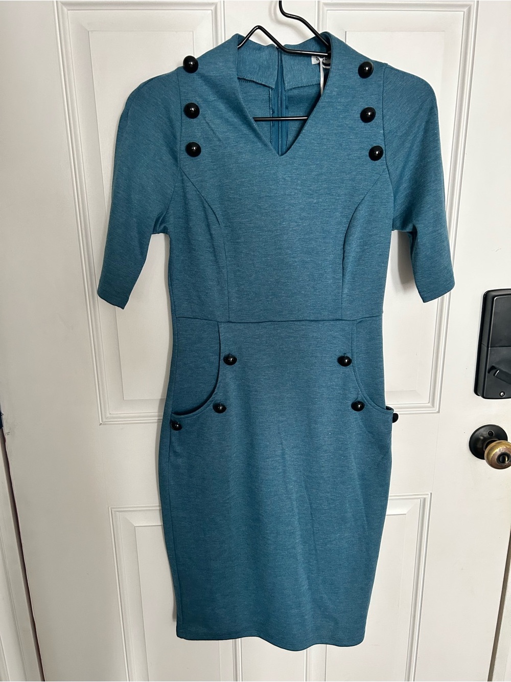 Grace Karin Teal Sheath Dress with Black Button Details